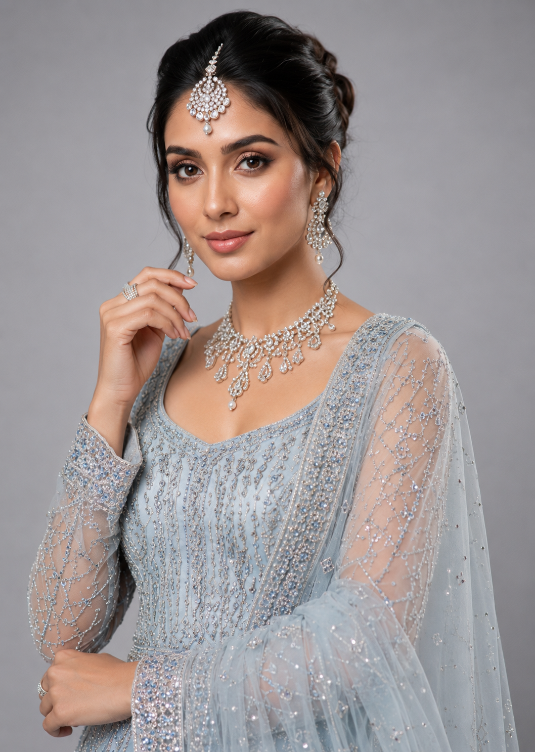 ICE BLUE CRYSTAL EMBELLISHED DESIGNER GOWN - Image 2