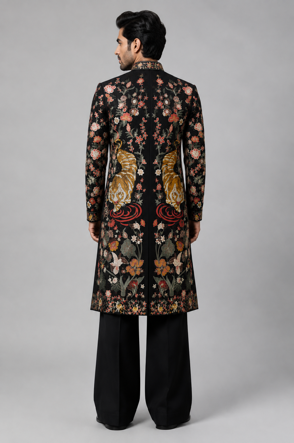 MIDNIGHT BLACK TIGER EMBELLISHED SHERWANI - Image 3