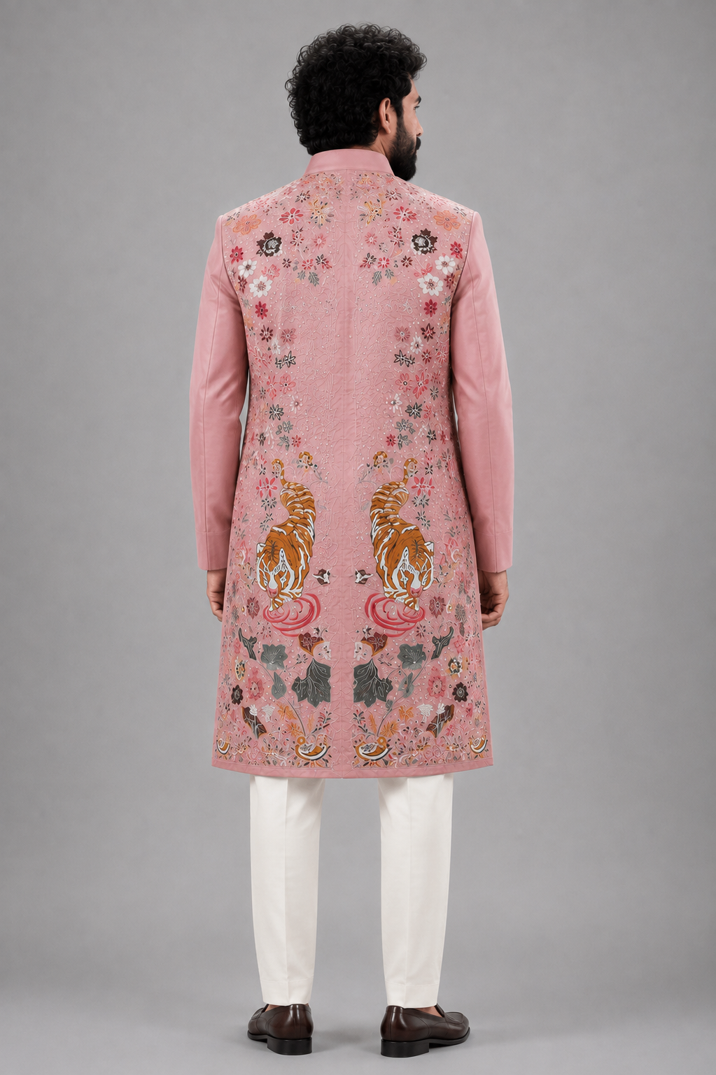 BLUSH PINK TIGER FLORAL EMBROIDERED SHERWANI - Image 3