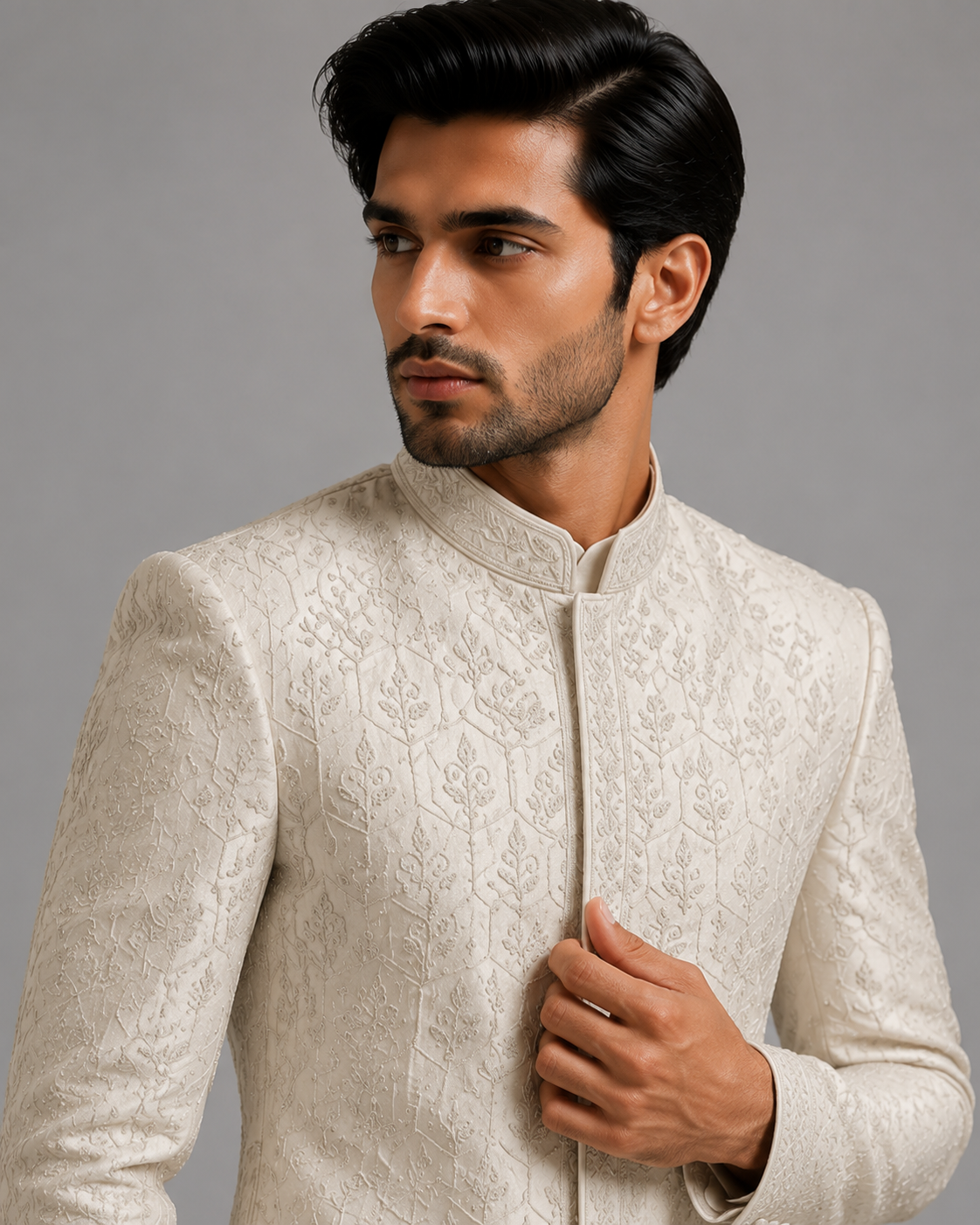 ROYAL IVORY VELVET EMBROIDERED SHERWANI - Image 2