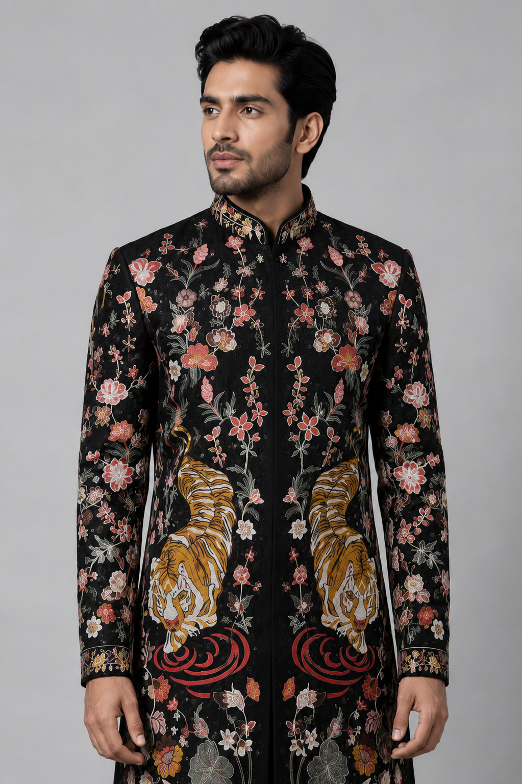 MIDNIGHT BLACK TIGER EMBELLISHED SHERWANI - Image 2