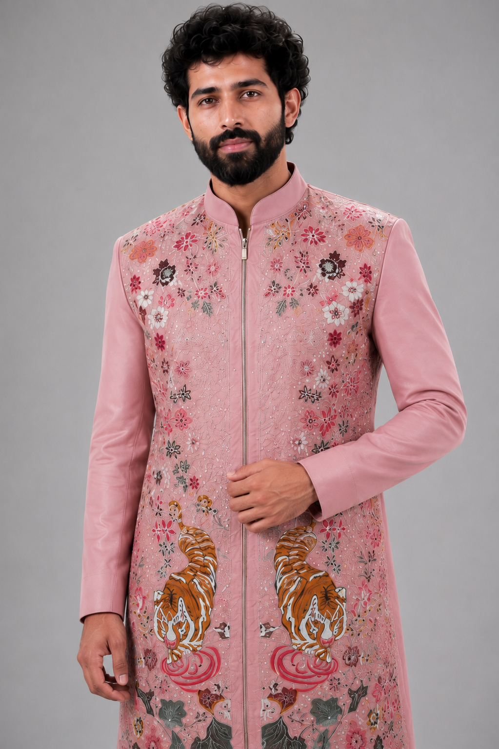 BLUSH PINK TIGER FLORAL EMBROIDERED SHERWANI - Image 2