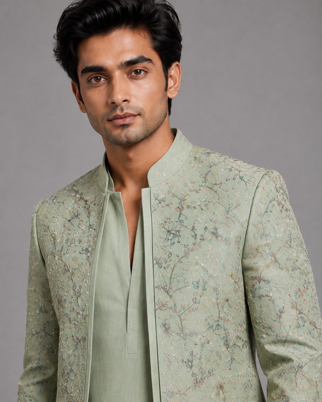 PASTEL GREEN FLORAL EMBROIDERED INDO-WESTERN - Image 2