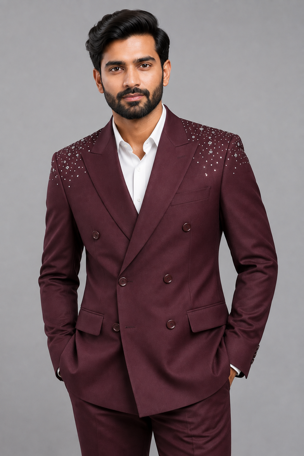 WINE MAROON DOUBLE-BREASTED DESIGNER SUIT - Image 2
