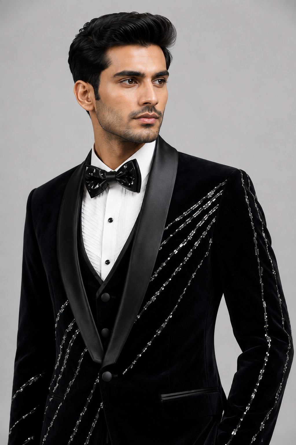 BLACK VELVET EMBELLISHED DESIGNER TUXEDO SUIT - Image 2