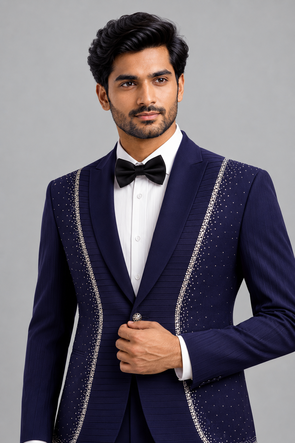 NAVY BLUE EMBELLISHED DESIGNER TUXEDO SUIT - Image 2