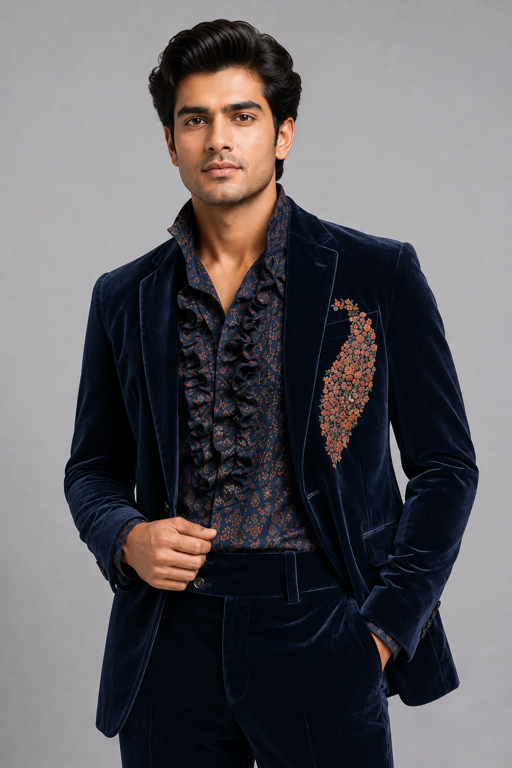MIDNIGHT NAVY VELVET EMBROIDERED DESIGNER SUIT - Image 2