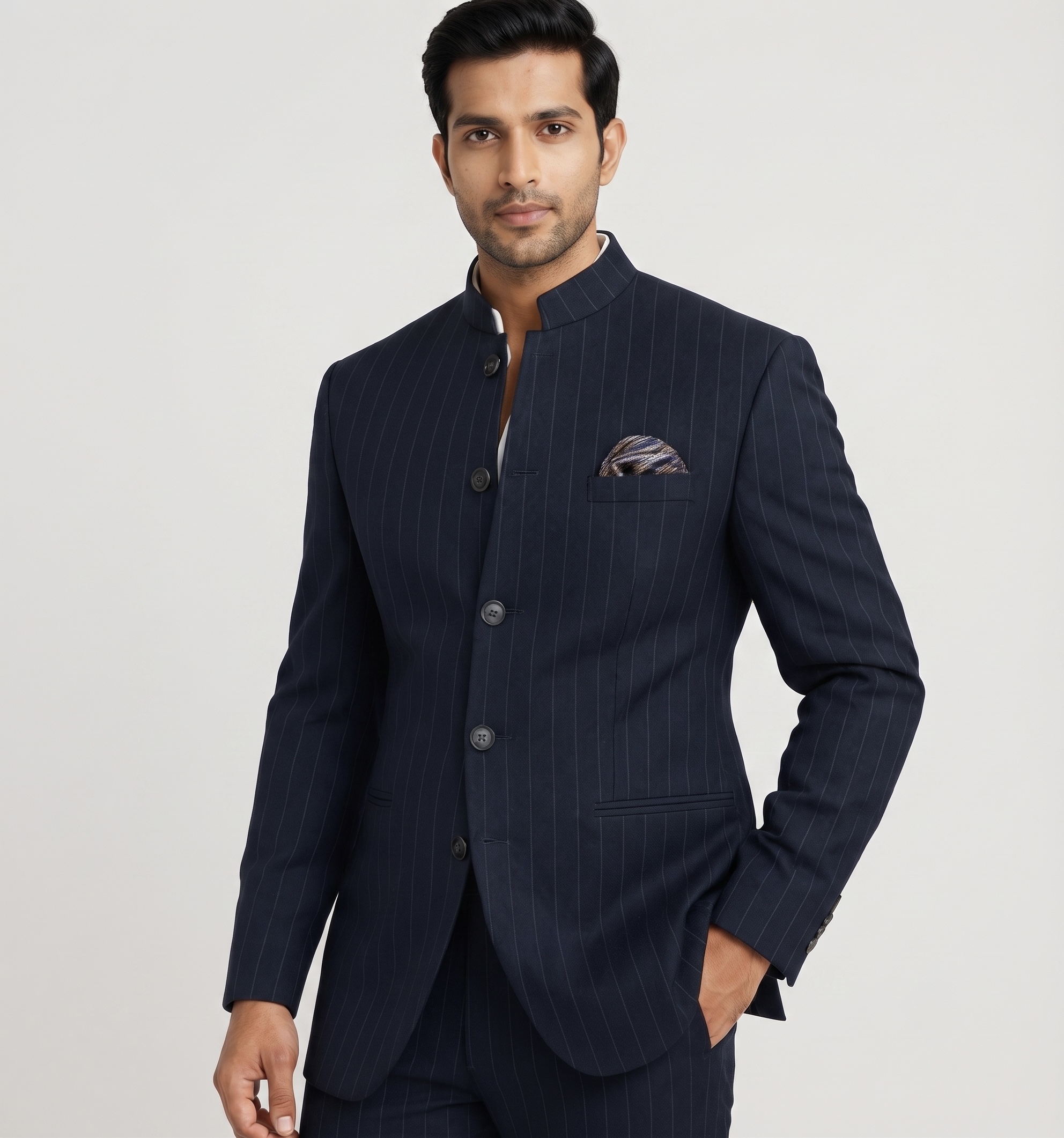 NAVY BLUE PINSTRIPE JODHPURI SUIT - Image 2