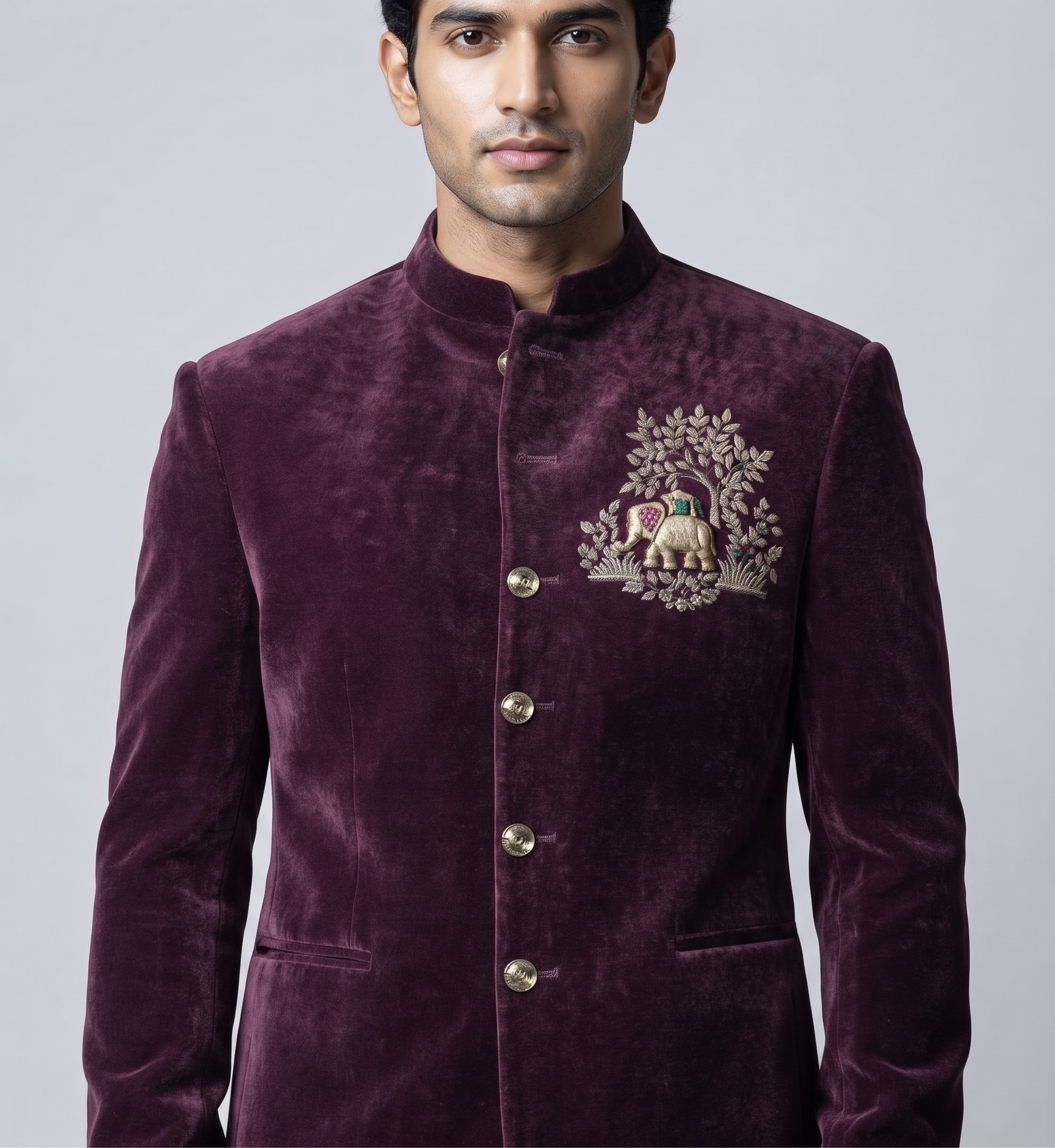 ROYAL MAROON VELVET DESIGNER JODHPURI SUIT - Image 2