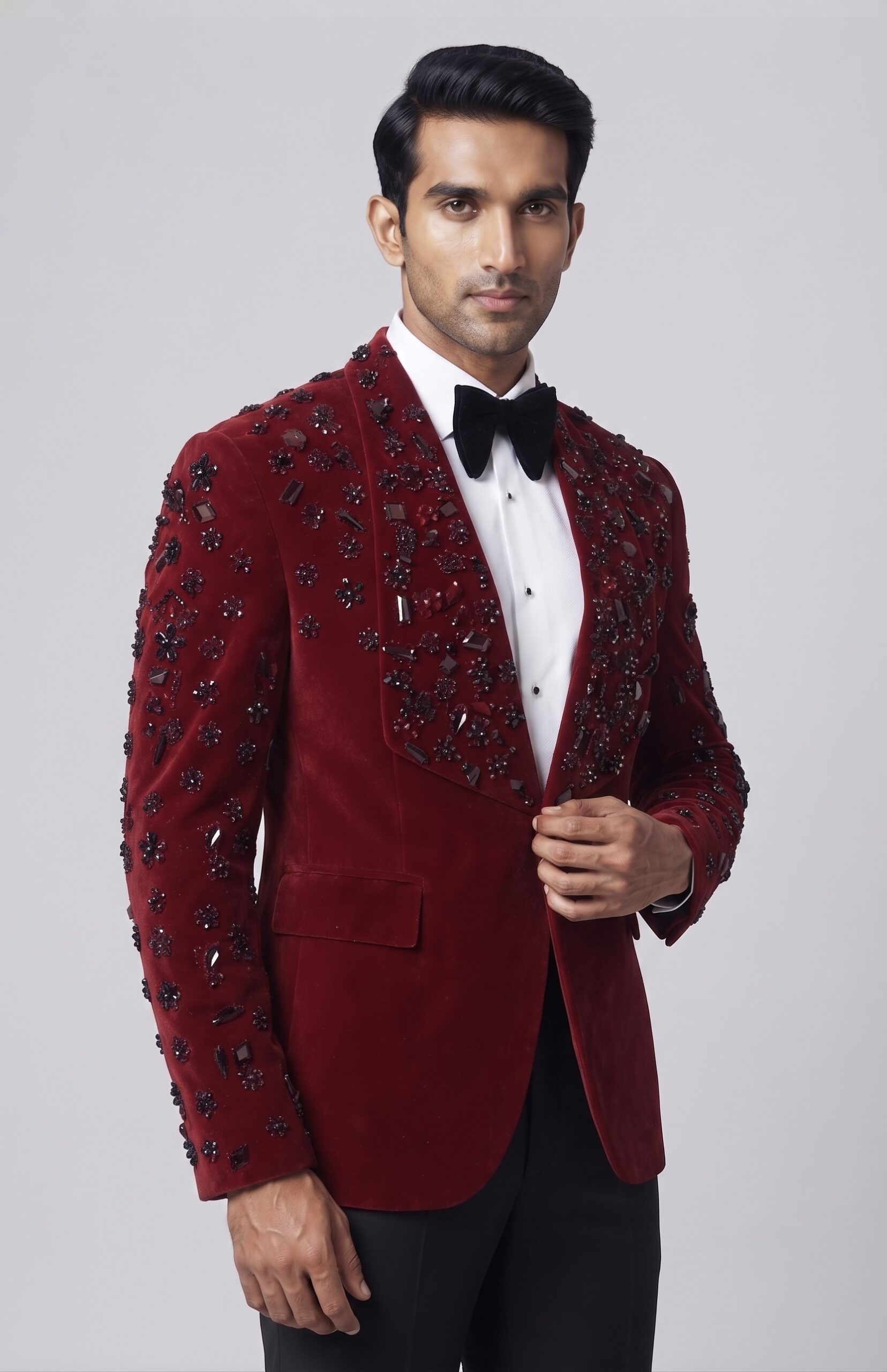 MAROON VELVET EMBELLISHED DESIGNER TUXEDO - Image 2