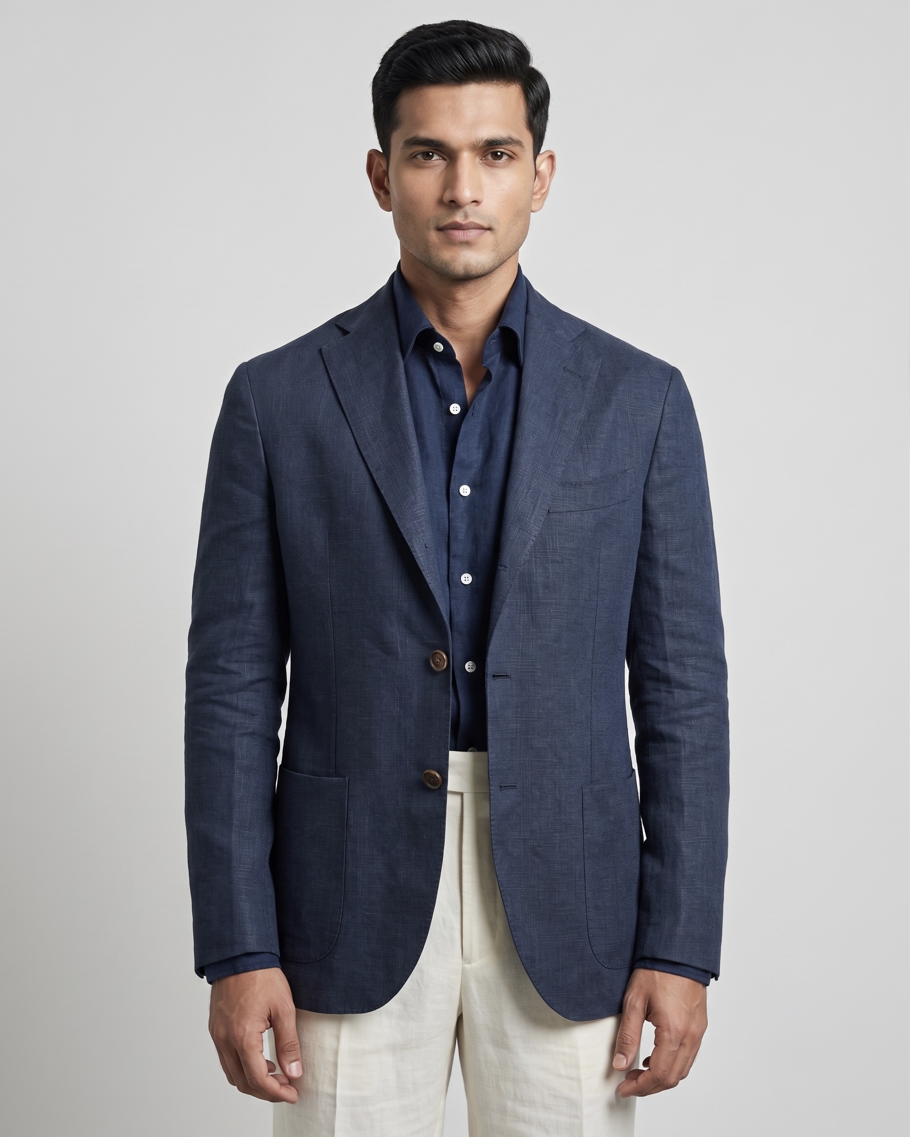 NAVY BLUE & IVORY LUXURY BLAZER TROUSER SET - Image 2