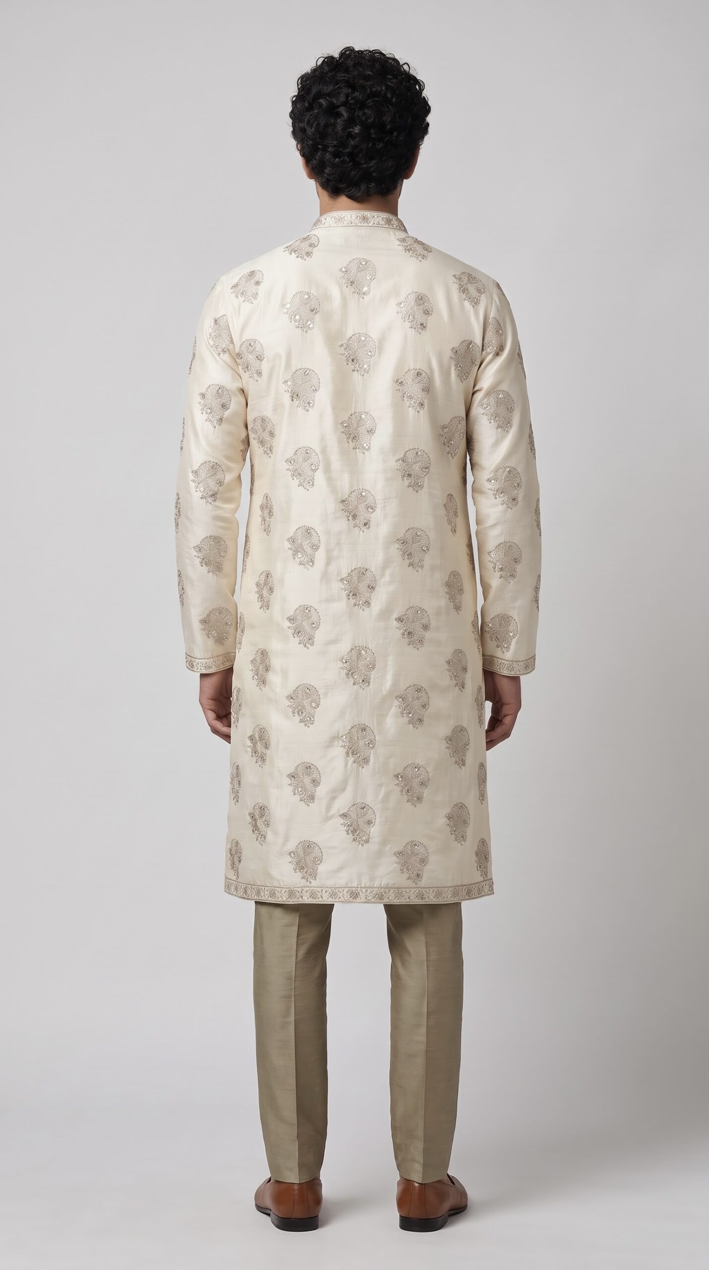 IVORY ANTIQUE MOTIF SILK BLEND KURTA SET - Image 3