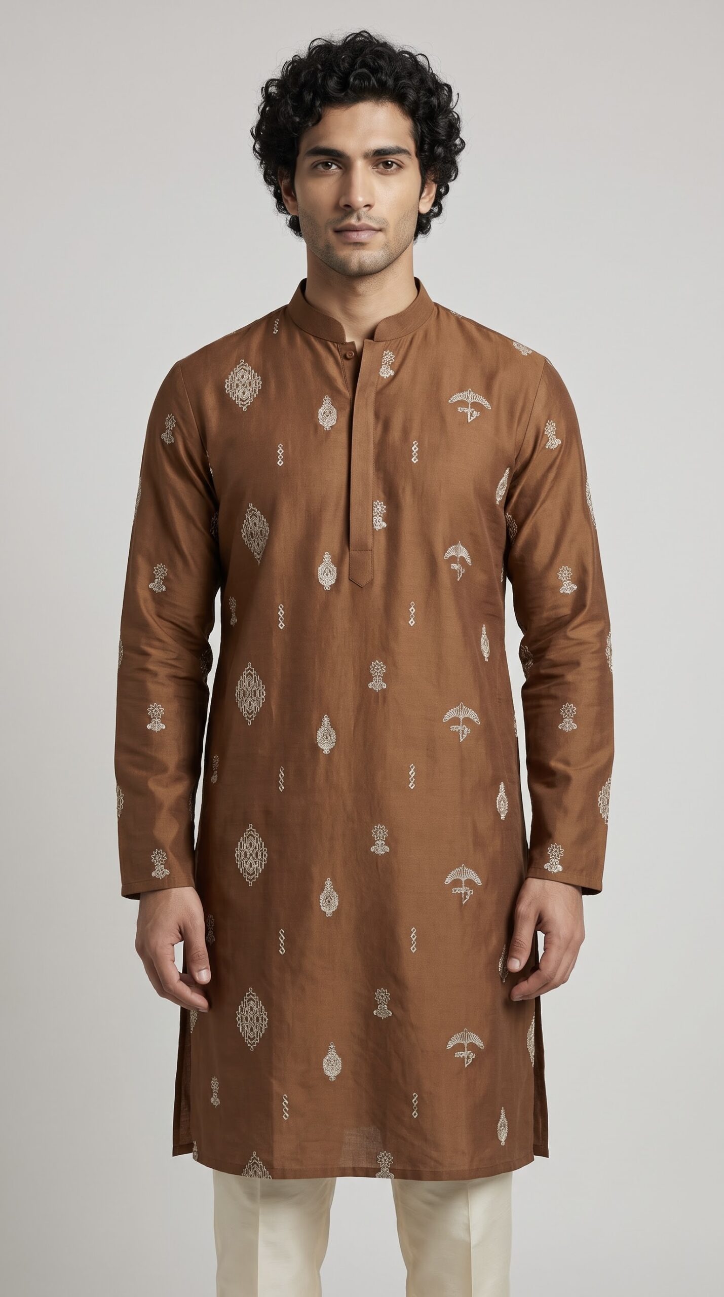MOCHA BROWN TONAL MOTIF SILK KURTA SET - Image 2