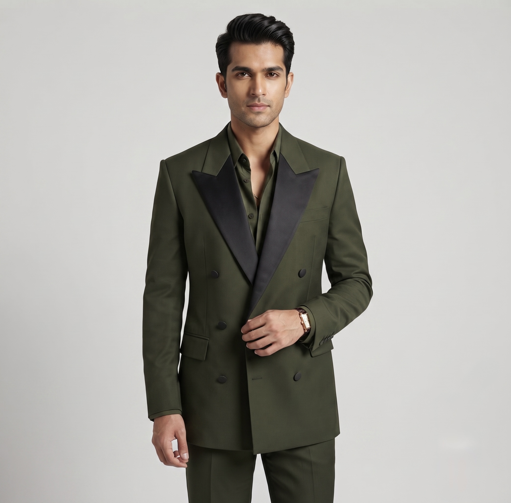 OLIVE GREEN DOUBLE-BREASTED TUXEDO SUIT - Image 2